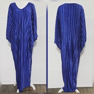 One Size Kaftan Bohemian Royal Blue Round Neck Vertically Pleated Polyester Wome